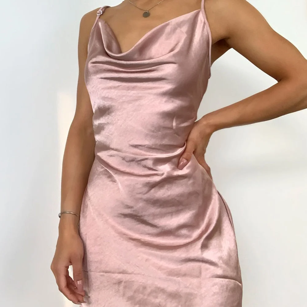 Solid Color Spaghetti Strap Satin Dress Sexy Women Sleeveless One-Piece Slip Dress for Summer Club Party Wear Lady Mini Dress