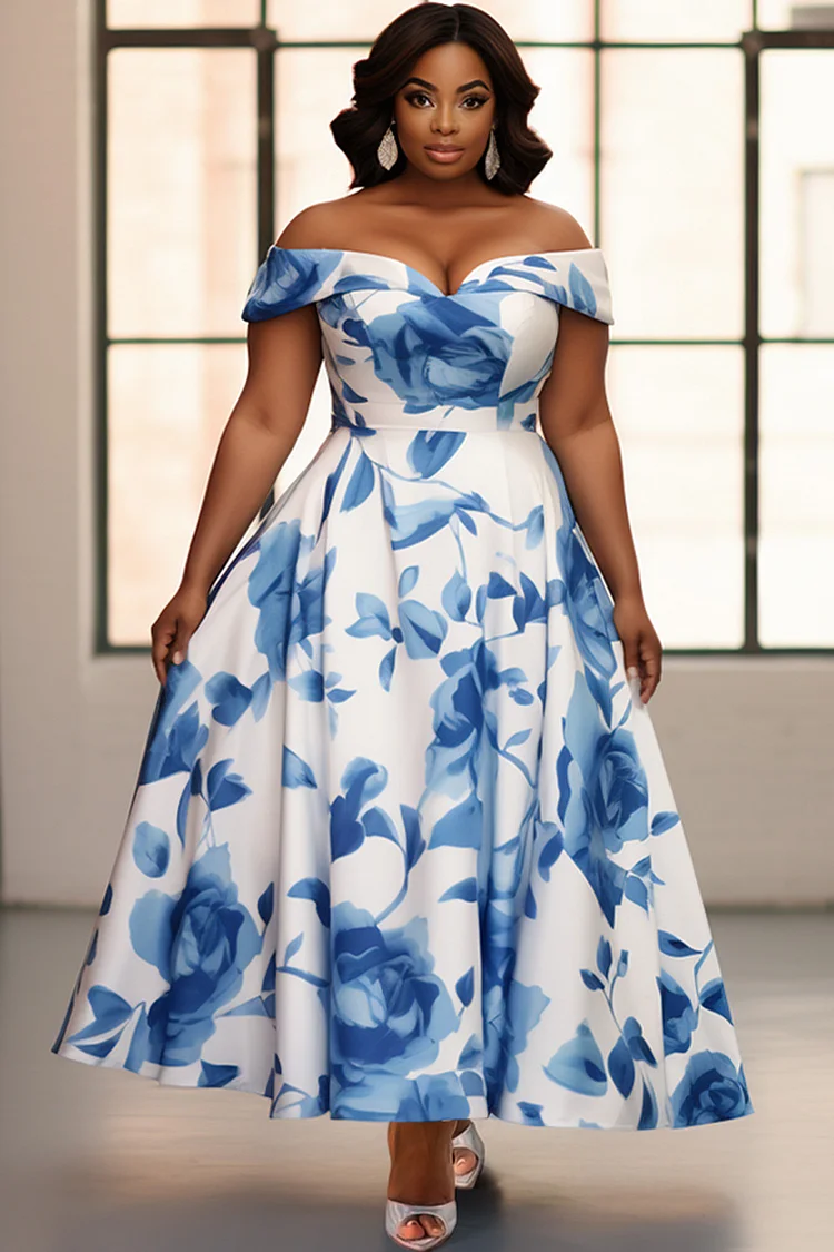 Xpluswear Design Plus Size Wedding Guest Blue Elegant Floral Off The Shoulder Cap Sleeve Maxi Dresses [Pre-Order] 2024 - Xpluswear