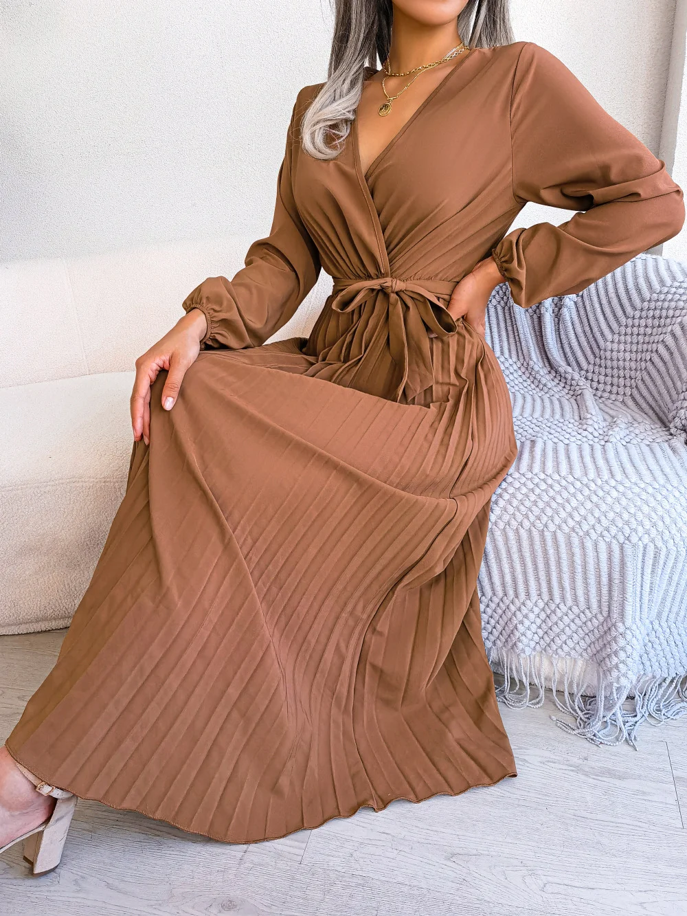 Brown V Neck Wrap Long Sleeve Dress