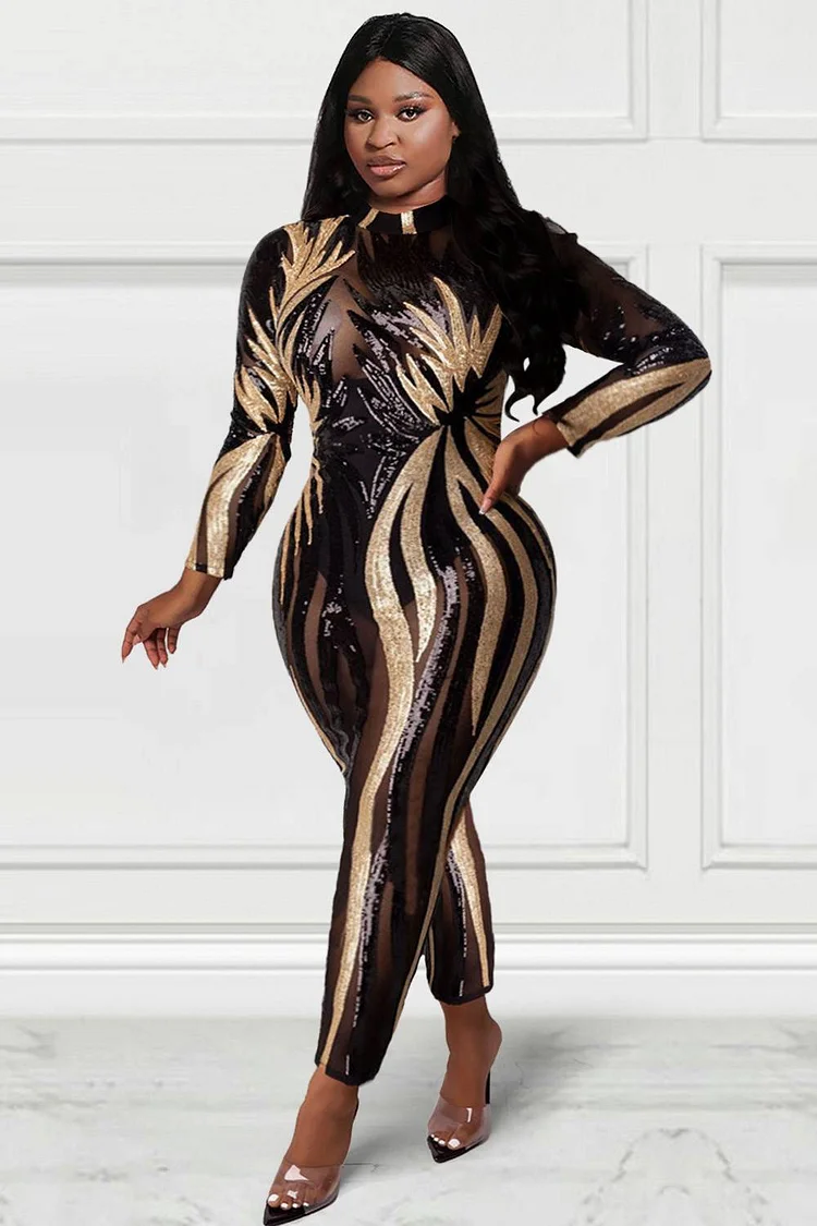 Plus Size Party Jumpsuit Gold Sequin Long Sleeve See-Through Jumpsuit [Pre-Order]