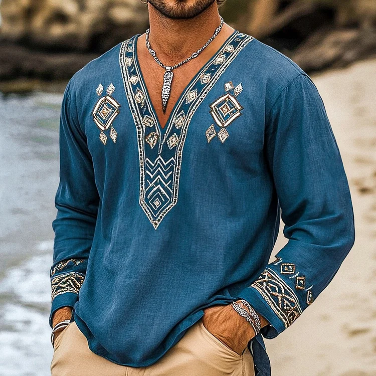 VChics Men's Viking Ethnic Style Summer Beach Wear Art Print Linen T-shirt