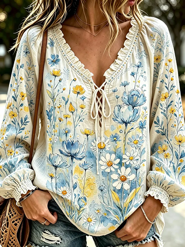 Comstylish Women's Bohemian Retro Watercolor Yellow And Blue Wildflower Print V-neck Tie Ruffle Long Sleeve Top