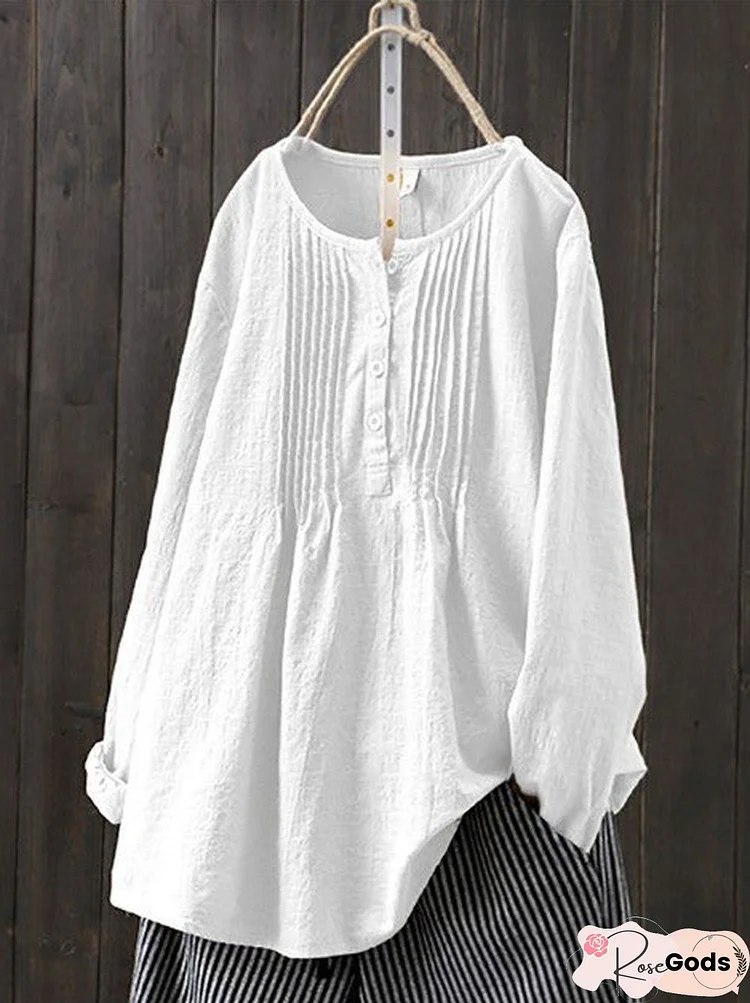 Casual Solid Cotton Long Sleeve Blouse