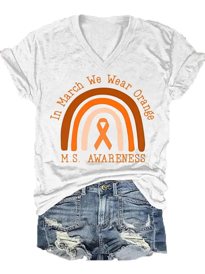 Women's In March We Wear Orange For Multiple Sclerosis Awareness V-Neck Tee socialshop