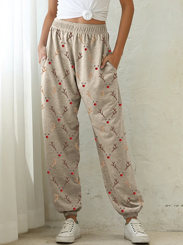 Wearshes Christmas Reindeer Faces Embroidery Pattern Cozy Sweatpants