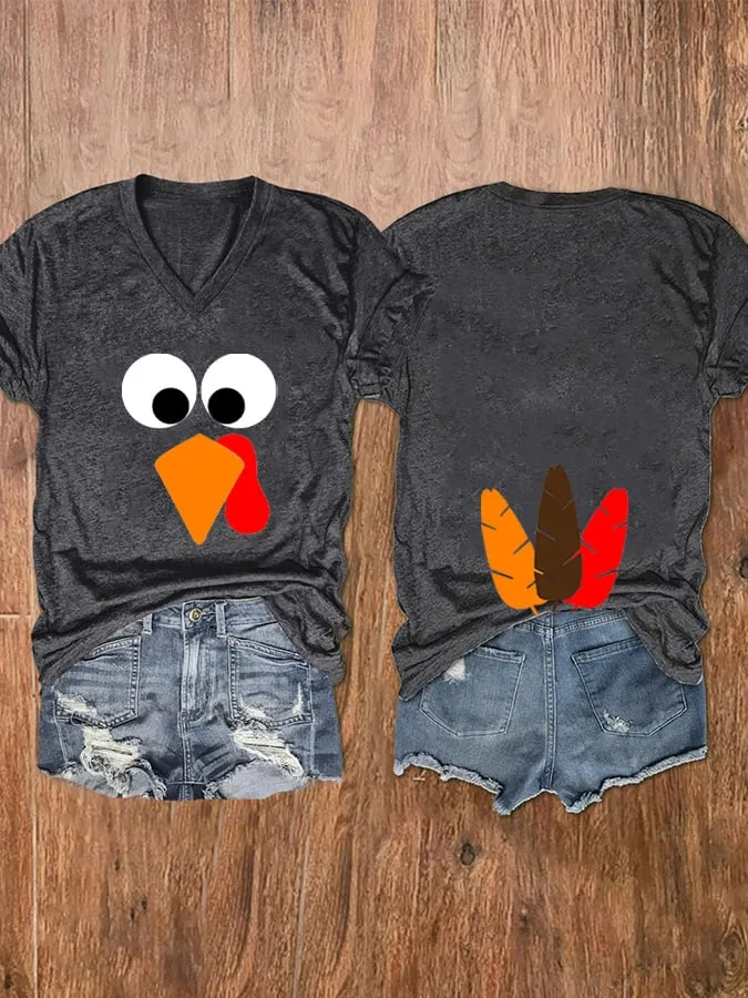 Women's Funny Turkey Thanksgiving V-Neck Tee 