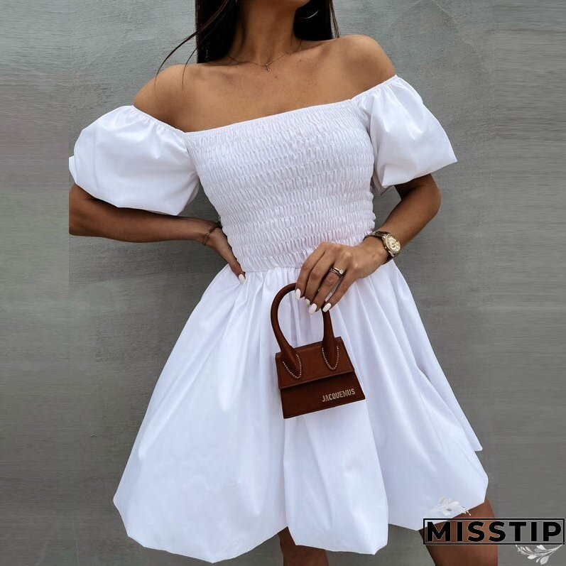 Women Elegant Puff Sleeve Mini Dress Sexy Off Shoulder Solid Party Dress Summer Sweet Lady Elastic Waist Beach Dresses Vestidos