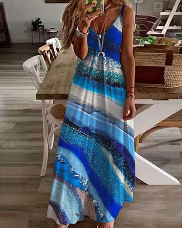 Casual V-neck Printed Suspender Maxi Dress