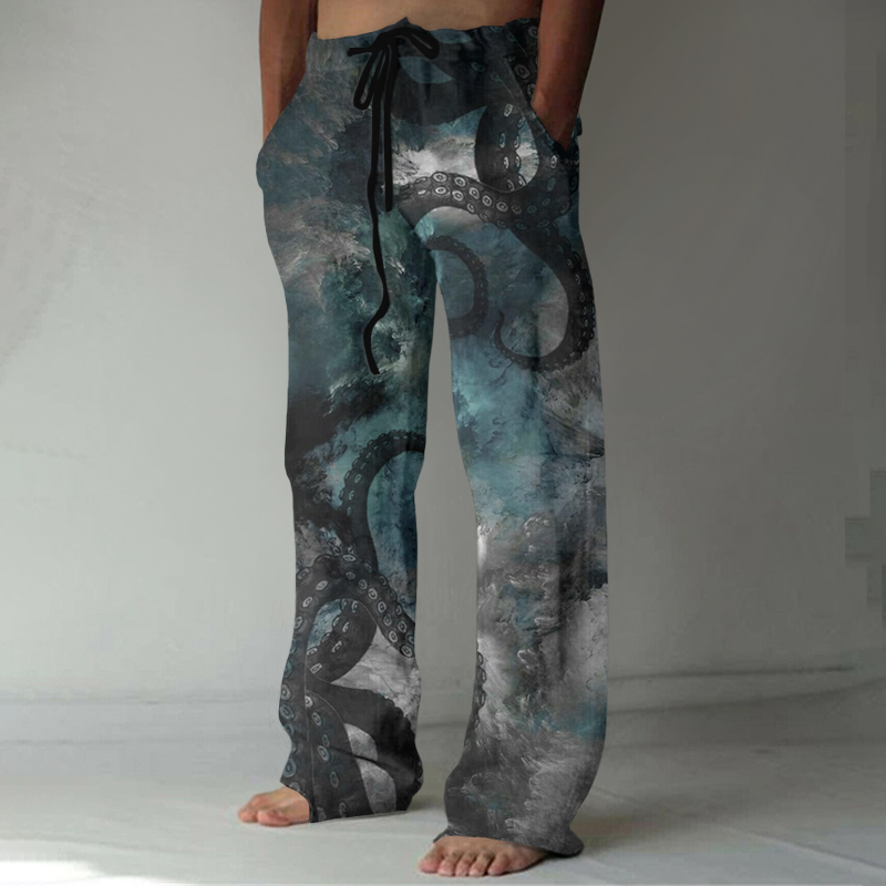 Vintage Octopus Gradient Art Print Casual Linen Blend Pants