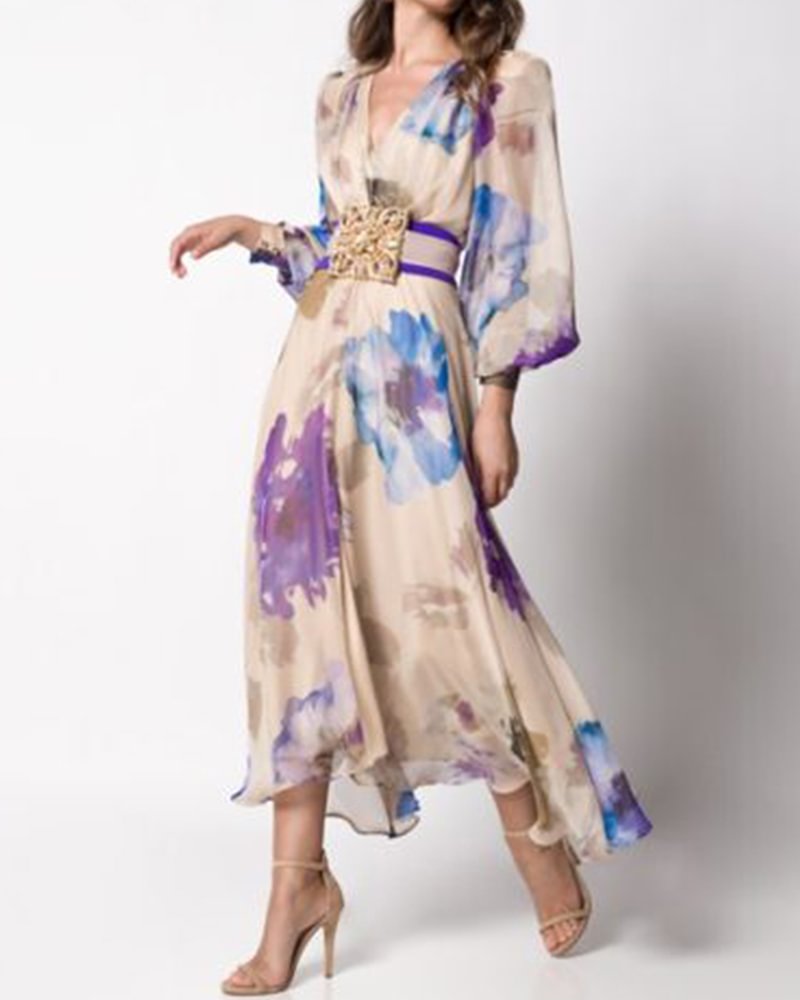 Printed Midi Dress Chiffon Irregular Elegant