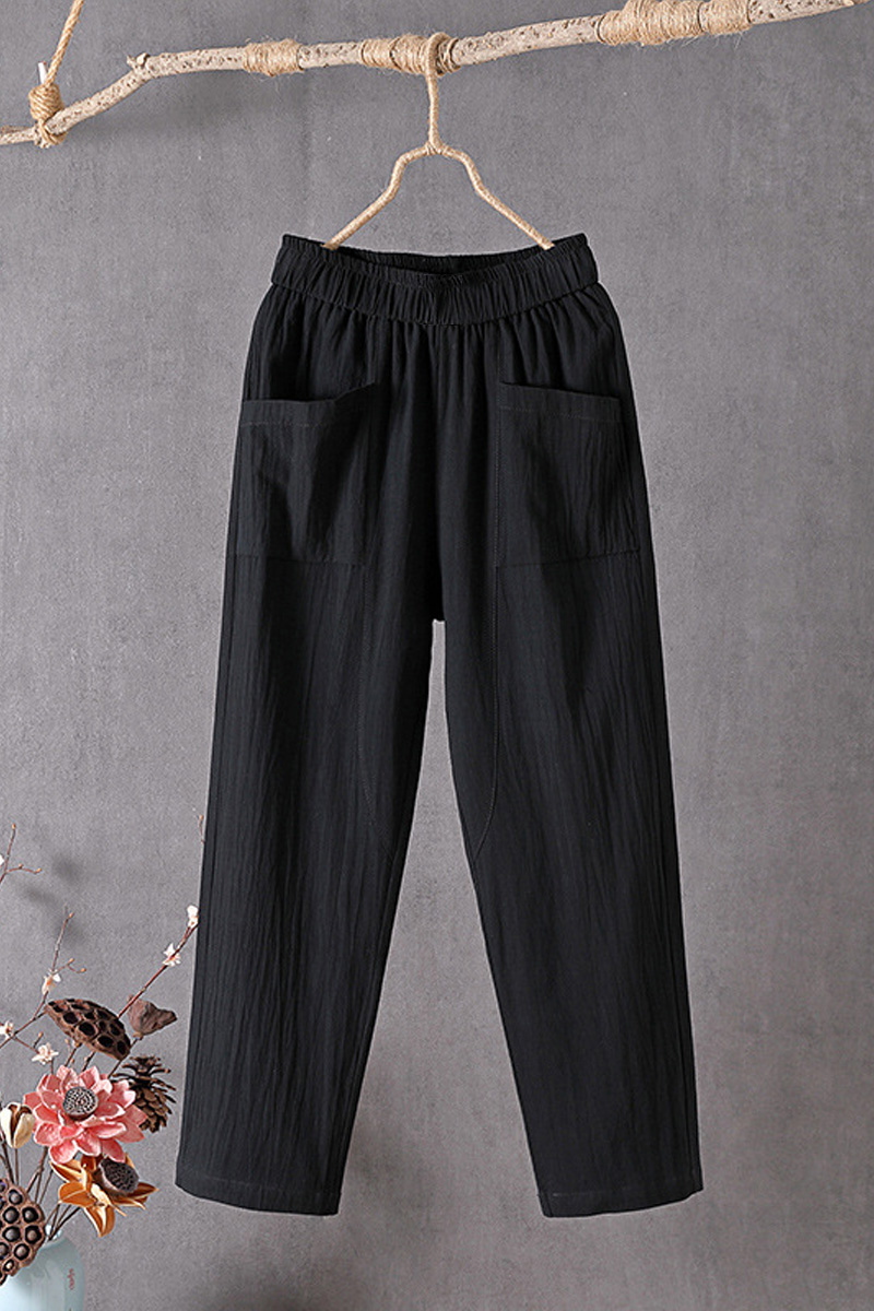 Plus Size Casual White Cotton And Linen Pocket Pleated Pants 2024 - Flycurvy 