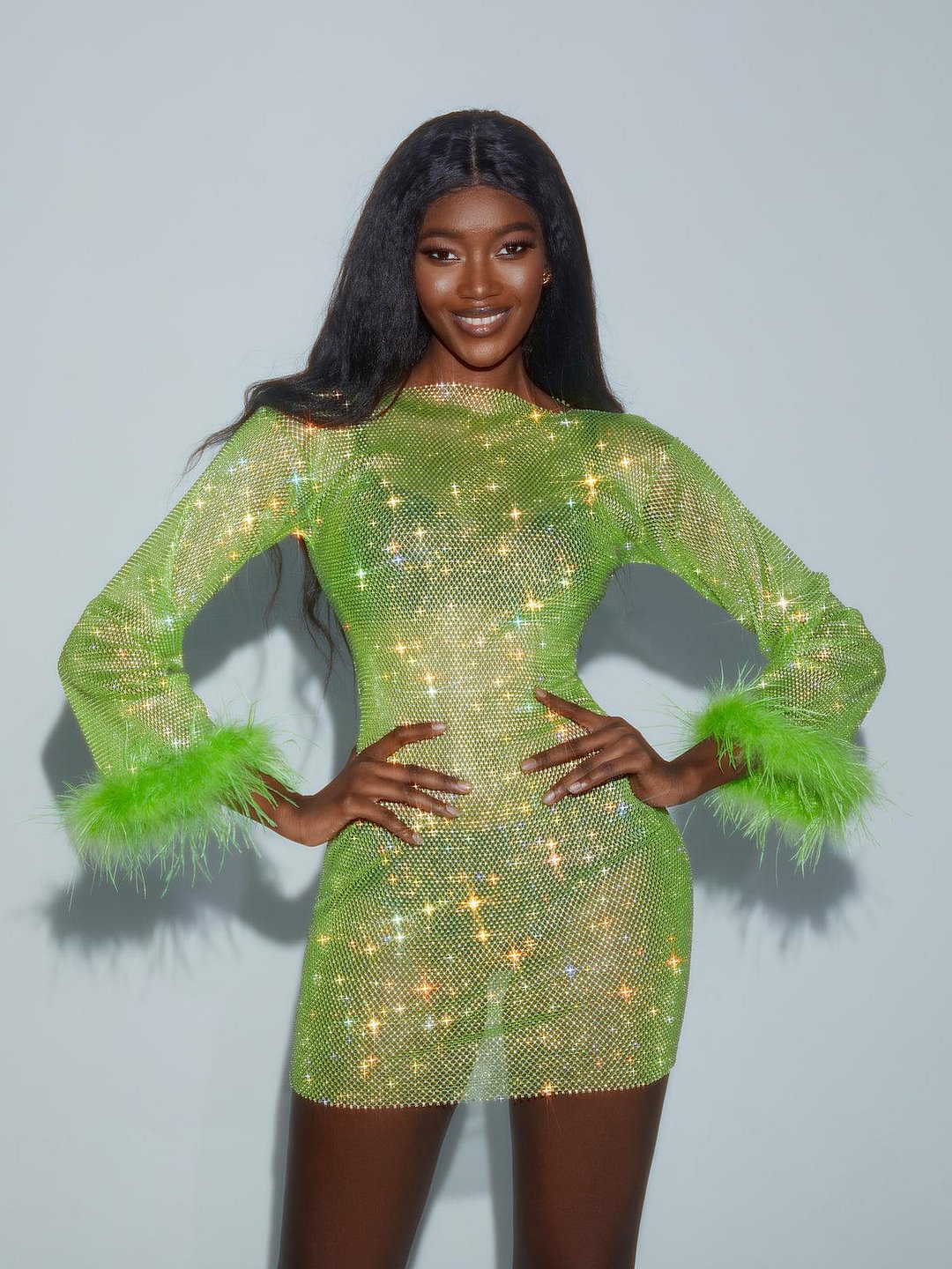 Aliyah Mesh Diamond Feather Mini Dress In Green