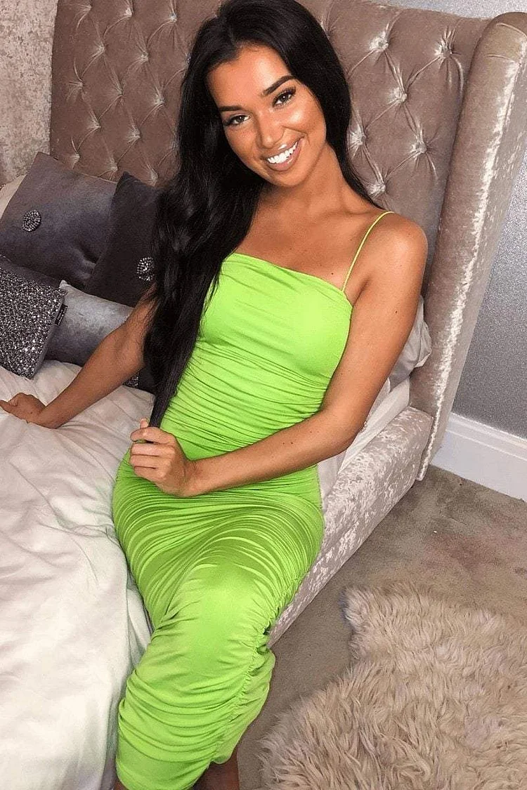 Neon Green Slinky Ruched Dress Katch Me