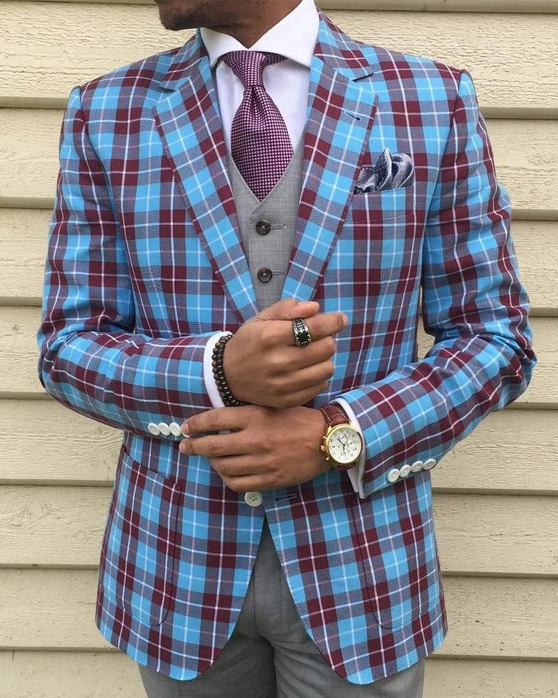 Men's Casual Blue and Red Plaid Elegant Blazer