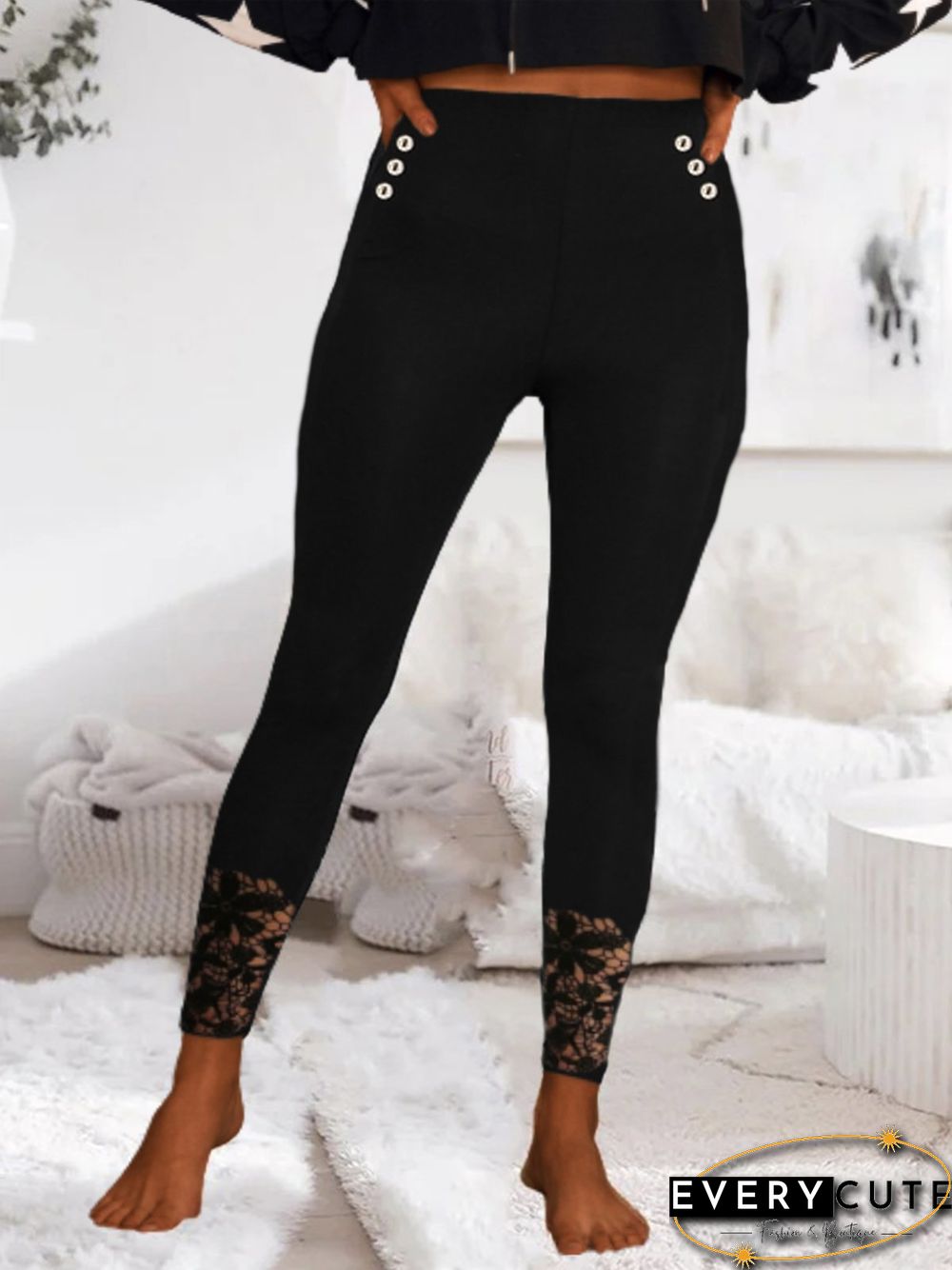 Plain Lace Buttoned Plus Size Casual Leggings