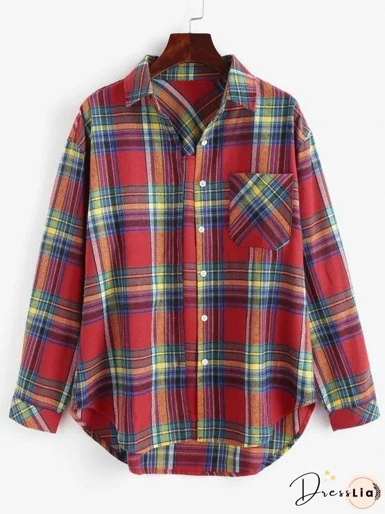 Plaid Button Up Pockets Shirt for Women