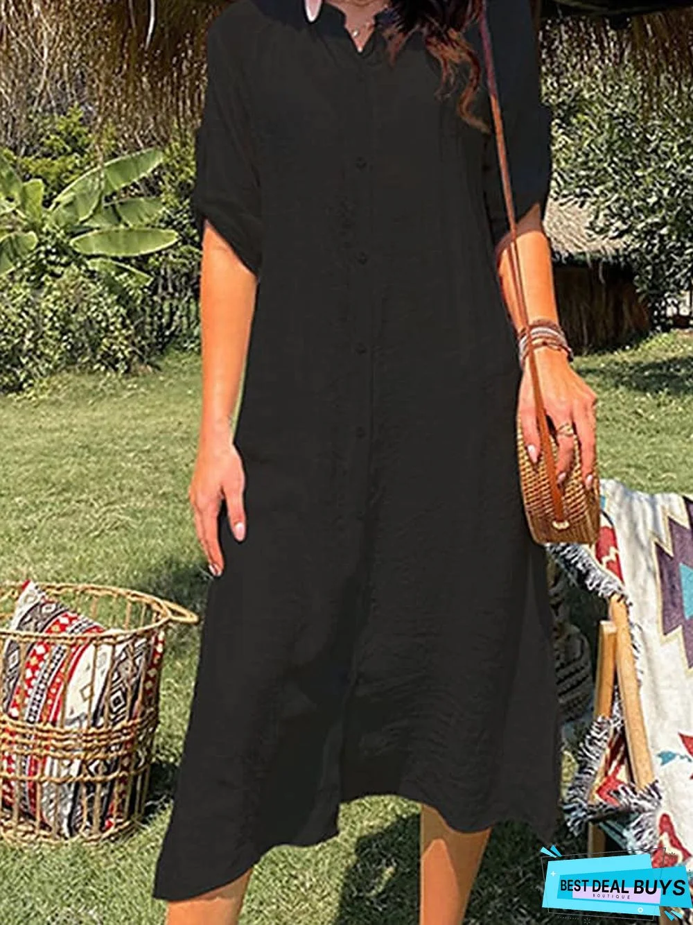 Women's Cover Up Beach Dress Beach Wear Midi Dress Button Basic Casual Plain V Neck 3/4 Length Sleeve Outdoor Daily Black White 2023 Fall Spring S M L