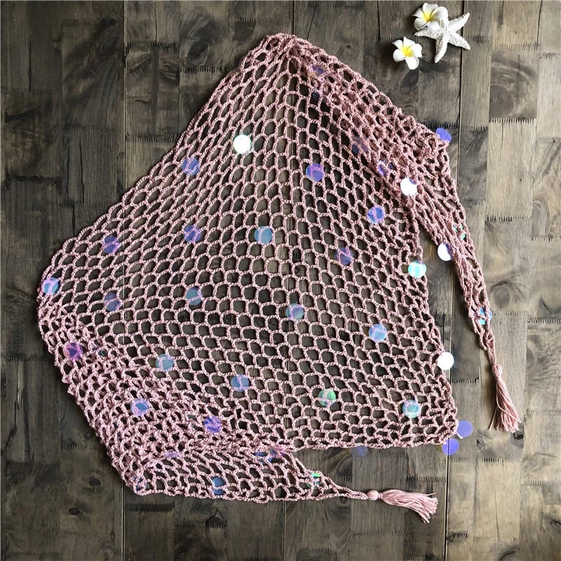 Fitshinling Sequined handmade crochet mesh beach cover up cape swimwear lace sexy hot fringe outerwear bohemian strappy cover-up