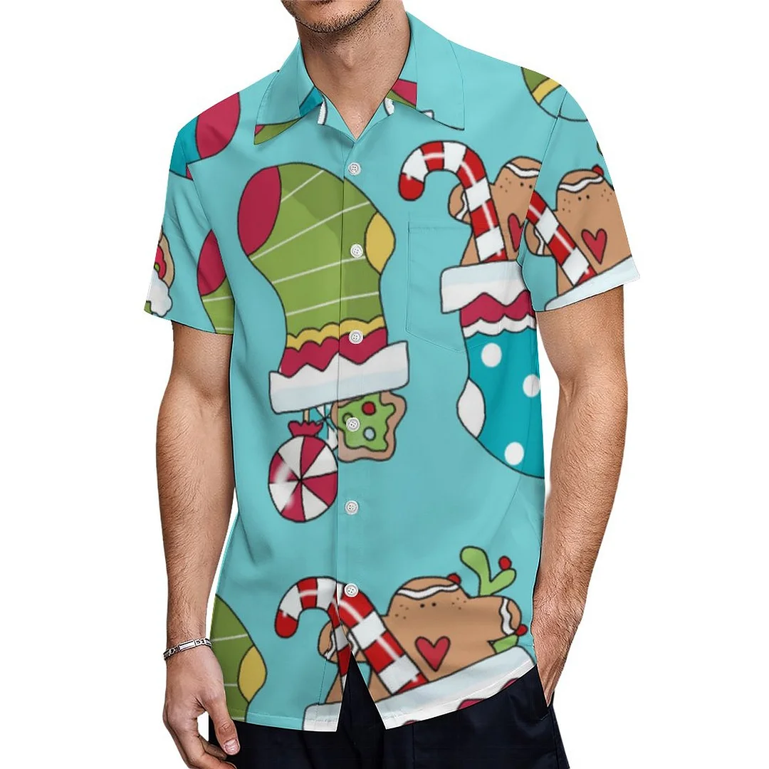 Blue Red Green Christmas Stocking Hawaiian Shirt Mens Button Down Plus Size Tropical Hawaii Beach Shirts