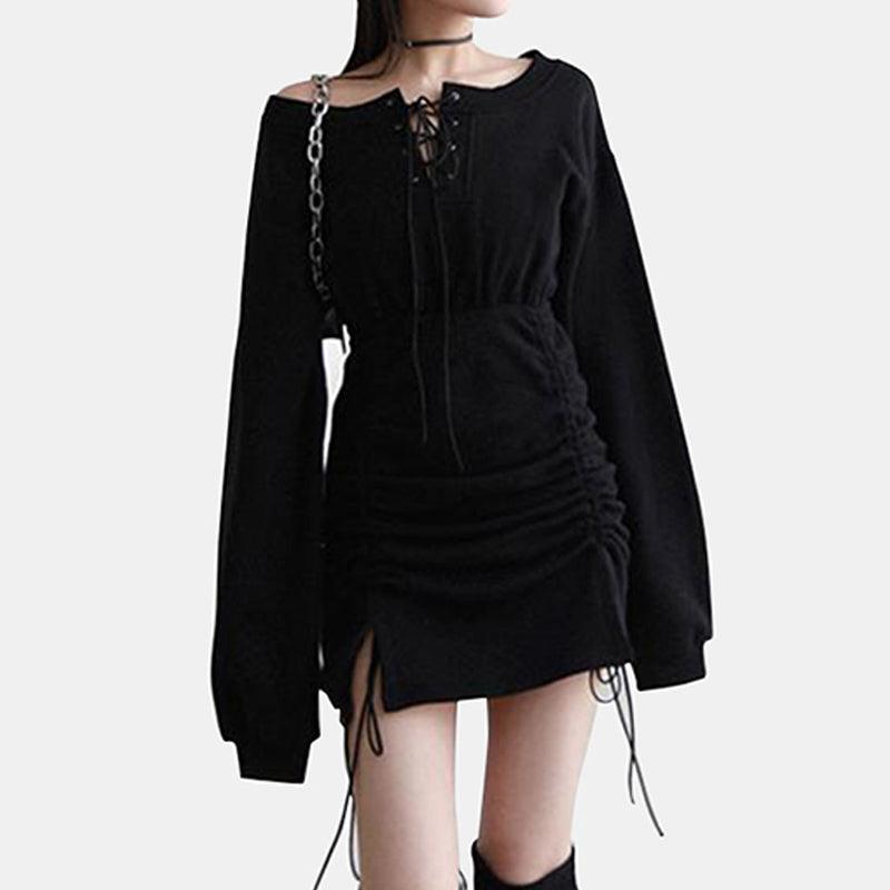Lace Up Off Shoulder Hoodie Dress - GothBB 2022 free shipping available