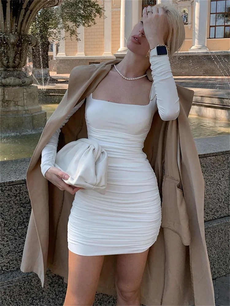 SideWith Me Square Collar Long Sleeve Bodycon Sexy Mini Women Dresses Summer Party Club Elegant Folds Robe DressFor Women