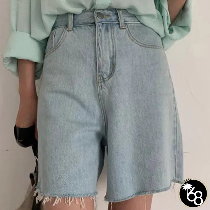 Women's Polyester High Waist Zipper Fly Casual Plain Denim Shorts | 168DEAL