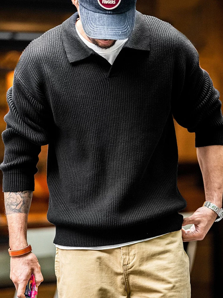Men's Solid Color Turndown Collar Rib Knitted Sweater