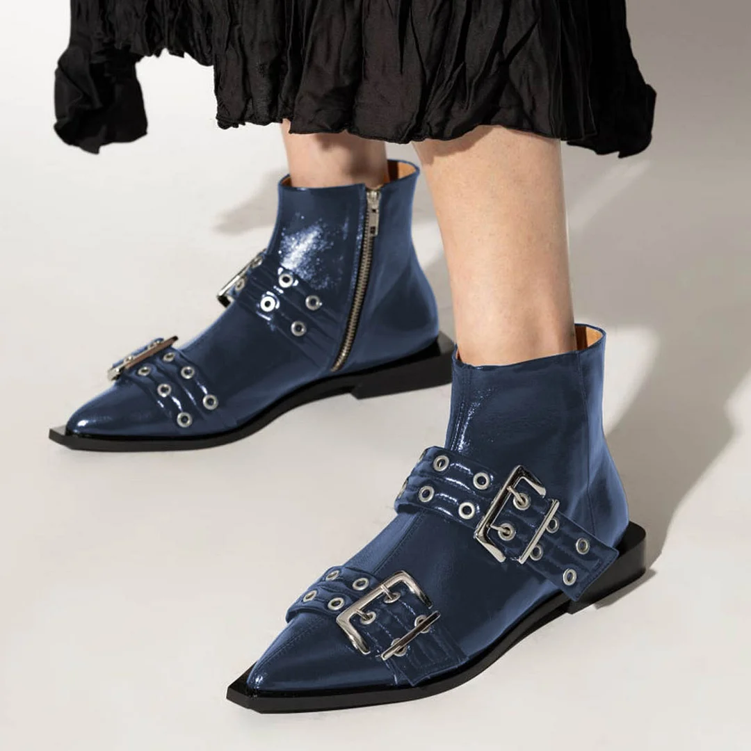 Navy Pointed Toe Grommets Strap Zipper Flat Booties for Women