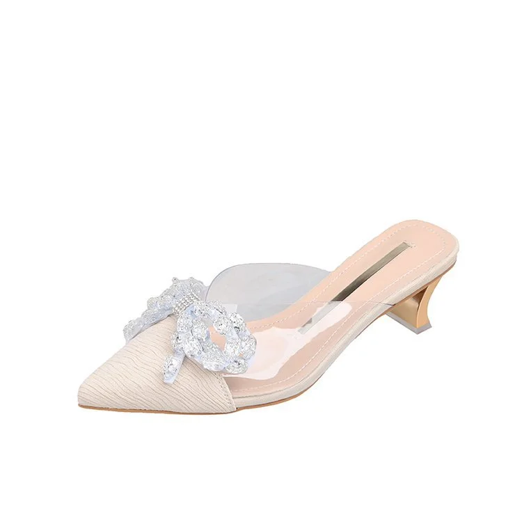 Wongn Wongn Summer New Korean Version Of The Bow Water Diamond Tip Head Half Drag High Heel Slippers Thin Heel Women's Shoes