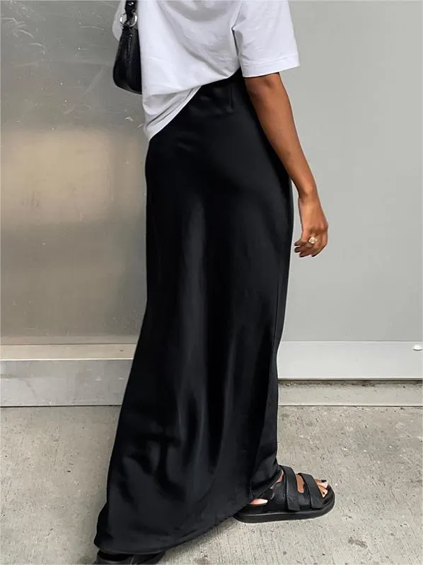 Brownm Solid Color Satin Maxi Skirt