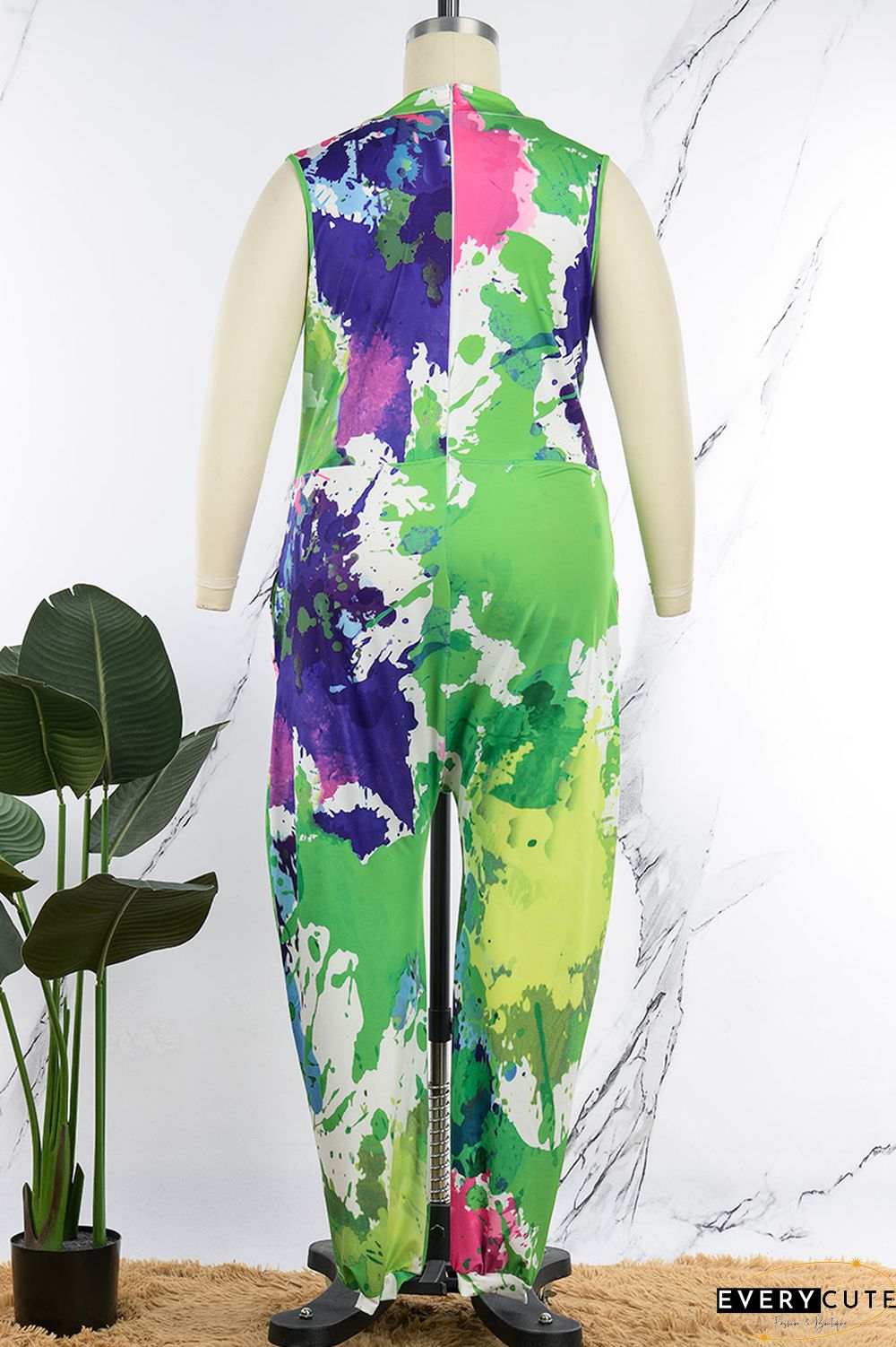 Green Casual Print Tie-dye V Neck Plus Size Jumpsuits