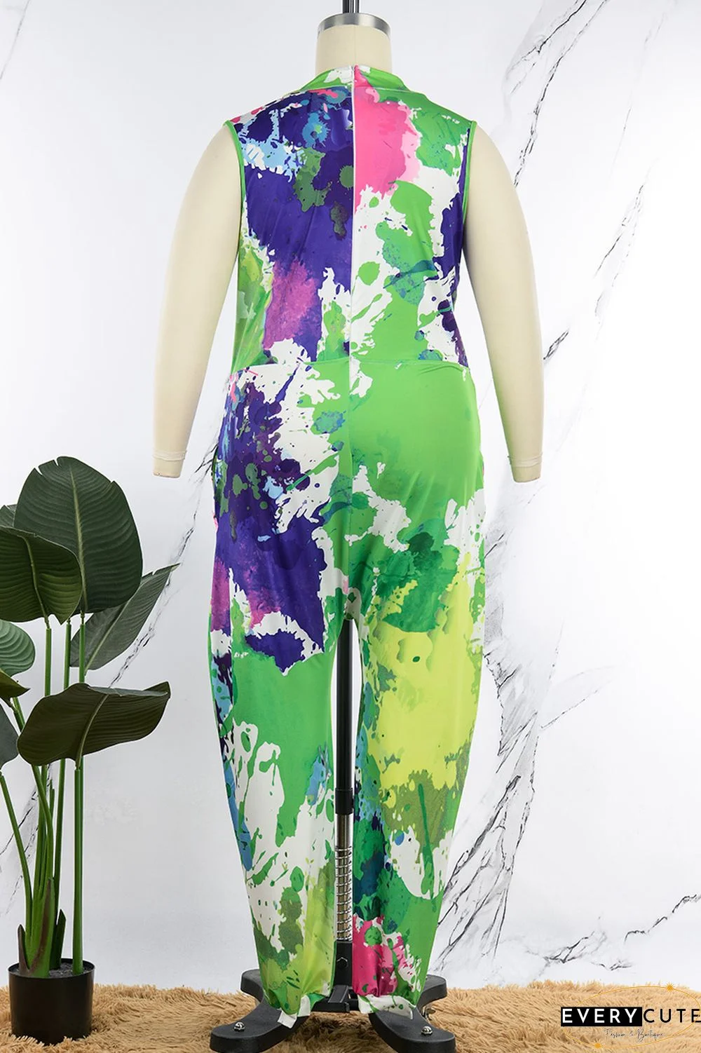 Green Casual Print Tie-dye V Neck Plus Size Jumpsuits