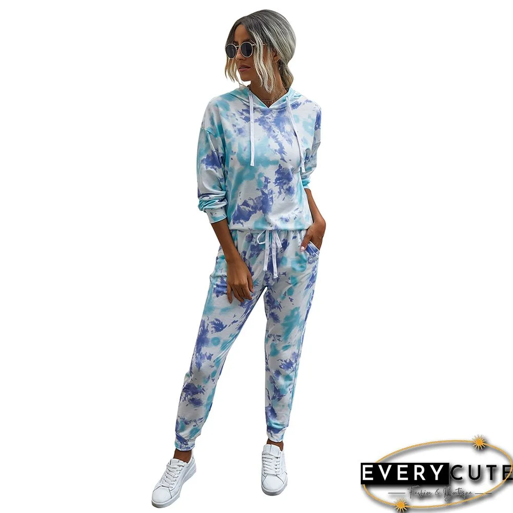 Blue Tie Dye Loungewear Hoodie with Pant Set