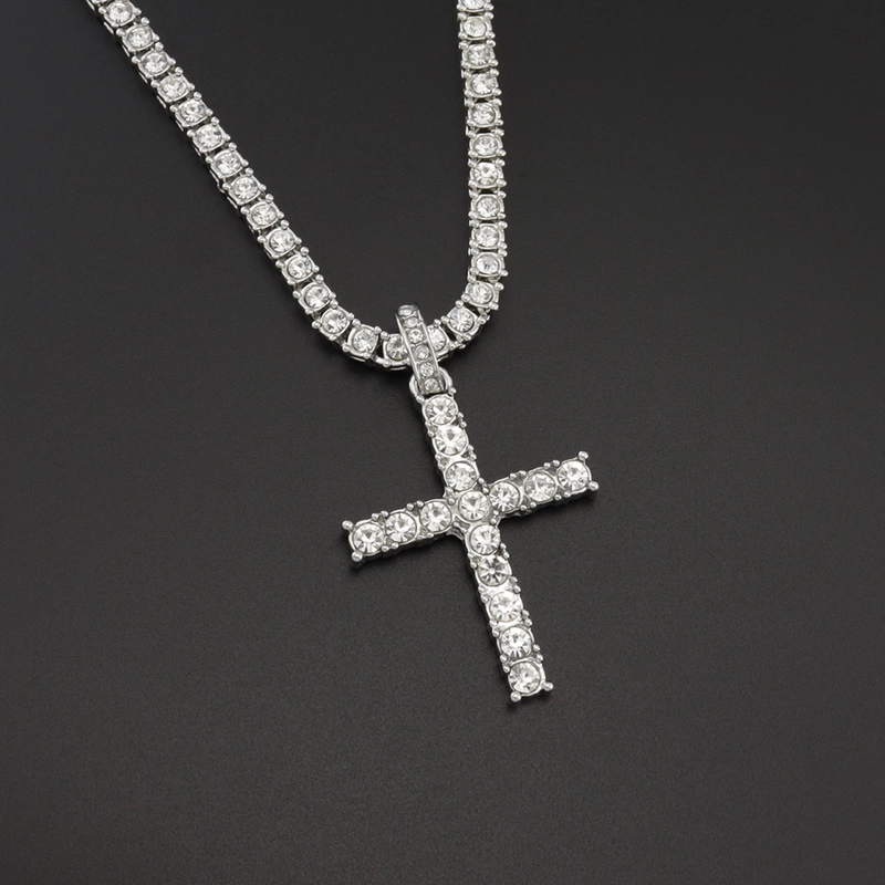 Ornament Simple Style Full Diamond Single Row Diamond Tennis Chain Men’s And Women’s Big Cross Pendant Necklace