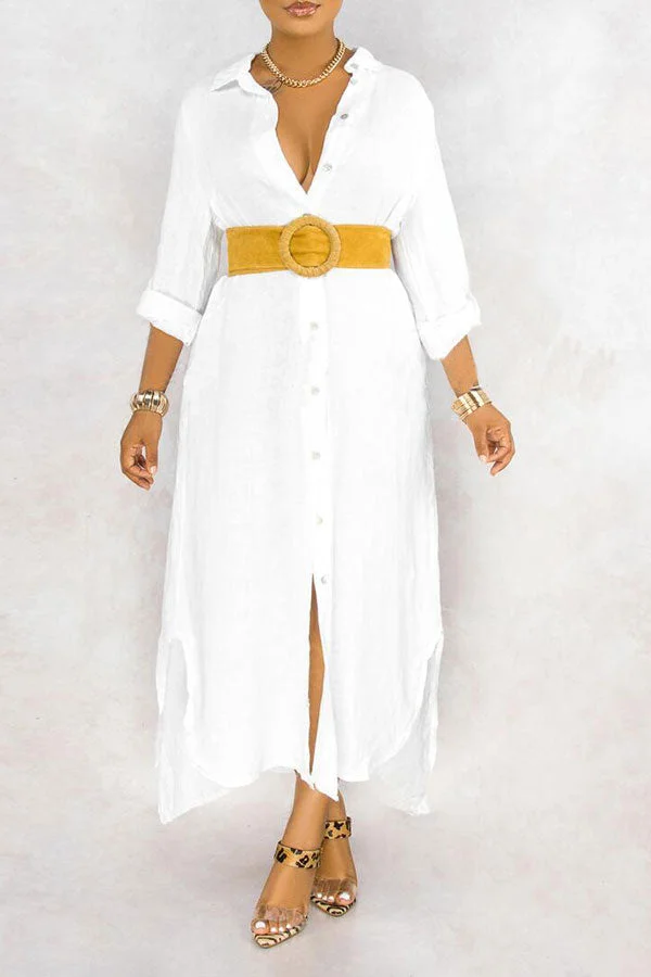 Solid Color Lapel Feminine Belt Maxi Dress