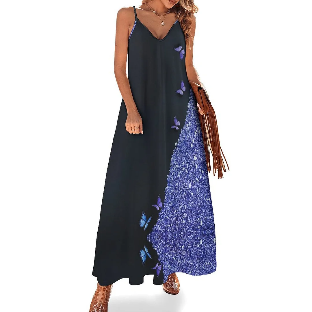 Style & Comfort for Mature Women Plus Size Printed Sling Casual Women Maxi Dress in Pattern Purple, Butterfly, Glitter