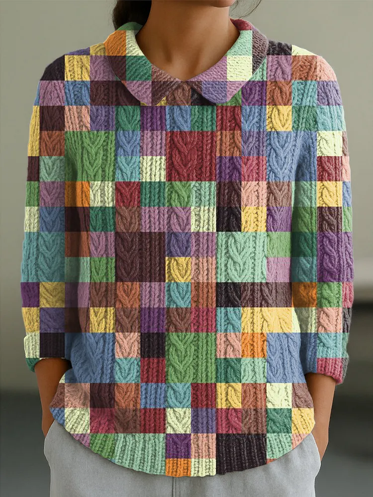Women's Colorful Plaid Art Print Casual Peter Pan Collar 3/4 Sleeve Sweater