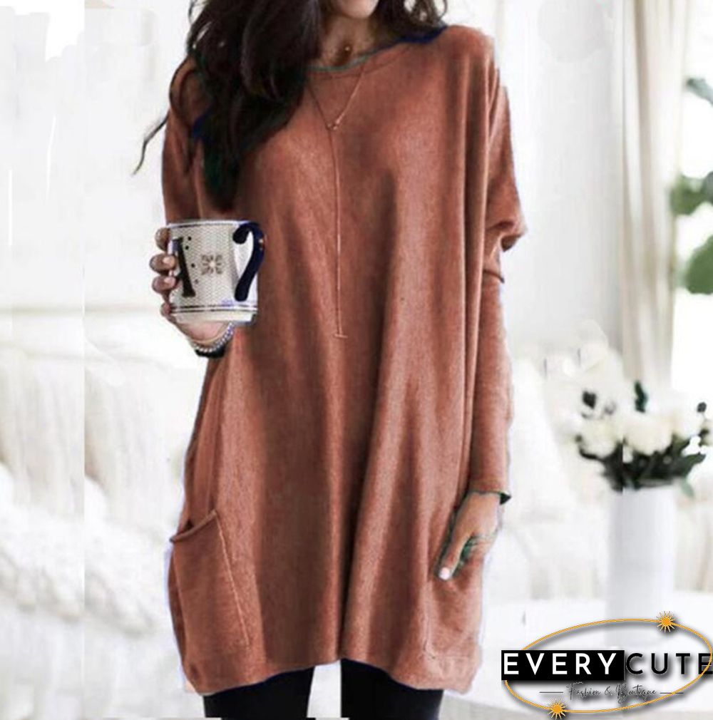 Plus Size Womens Autumn & Winter Casual Top Loose Pocket T-Shirt Long Sleeve Bat Blouse