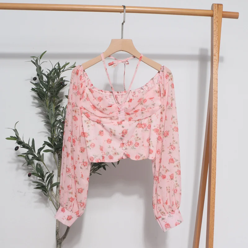 Uveng Sexy One-Word Shoulder Hanging Neck Chopped Spicy Shirt Female Design Sense Small Short To Take Long Sleeves Hottie Top 8831