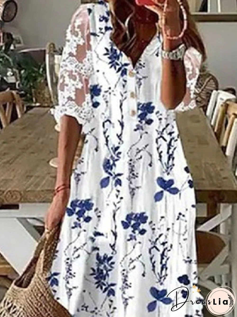 Casual V neck Loose Floral Half sleeve Dresses