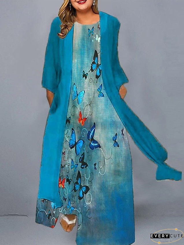 Plus Size Casual Dress Set-Two Piece Animal Butterfly Long Maxi Length Sleeve Print Crew