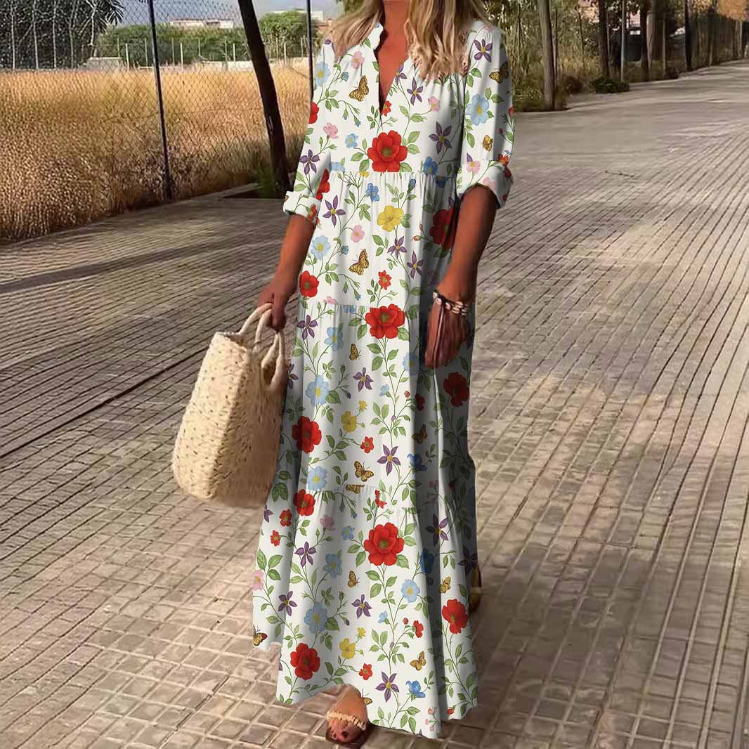 Women Floral,Red,Blue DZDN0257 SPU Printed Long Sleeve V-neck Maxi Dress