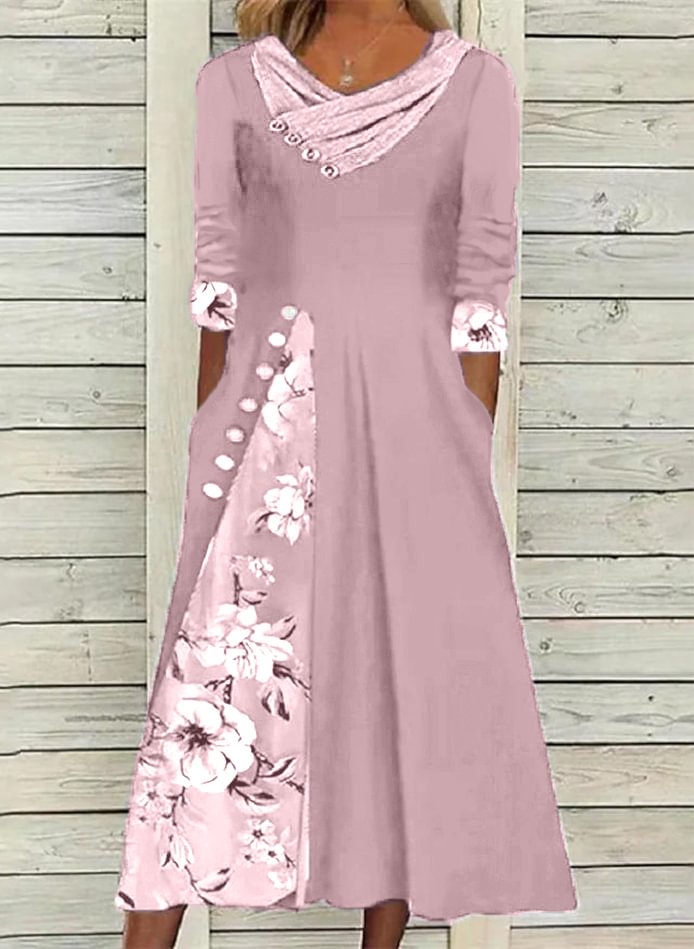 Floral Tunic V-Neckline Midi A-line Dress
