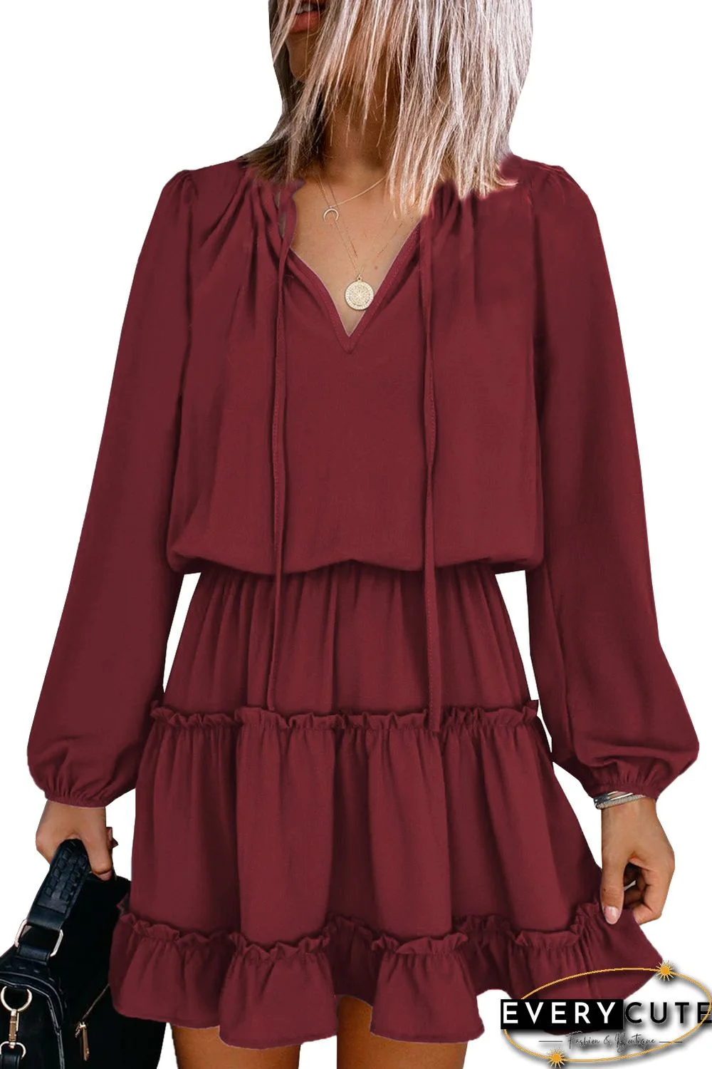 Red V Neck Long Sleeve Ruffle Tiered Mini Dress