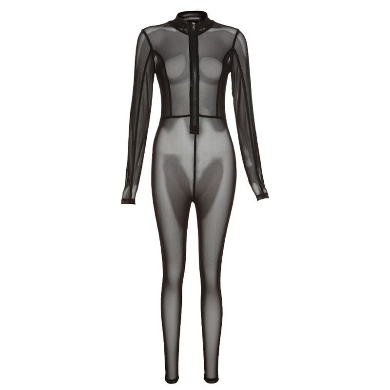 Weird Puss Mesh Sexy Jumpsuits Women Thin Zipper See Through Fitness Sporty Activity Streetwear Long Sleeve Workout Overalls