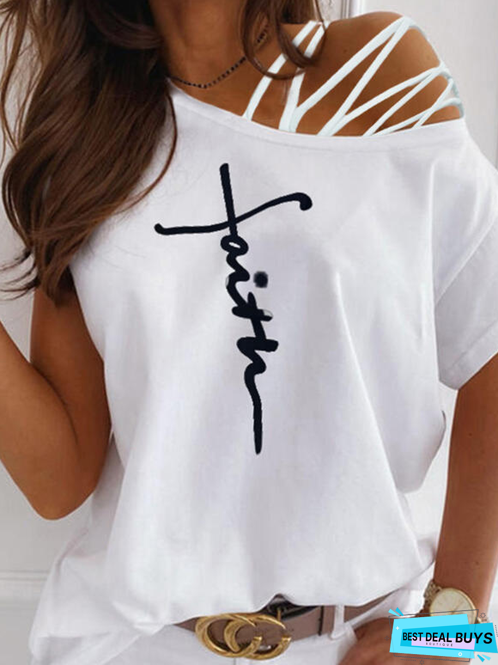 Casual Off Shoulder Shift Letter Tunic T-Shirt