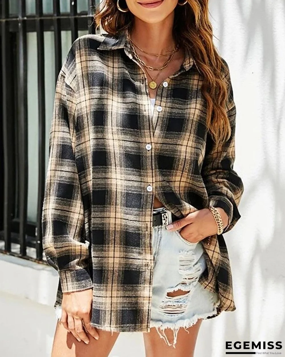 Button Front Plaid Print Long Sleeve Shacket | EGEMISS