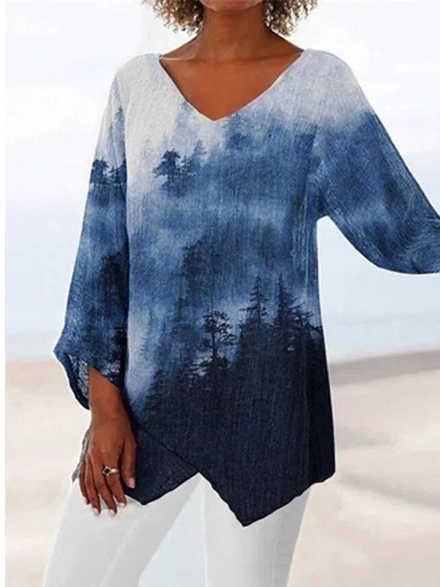 Women Long Sleeve V-neck Graphic Floral Printed Top