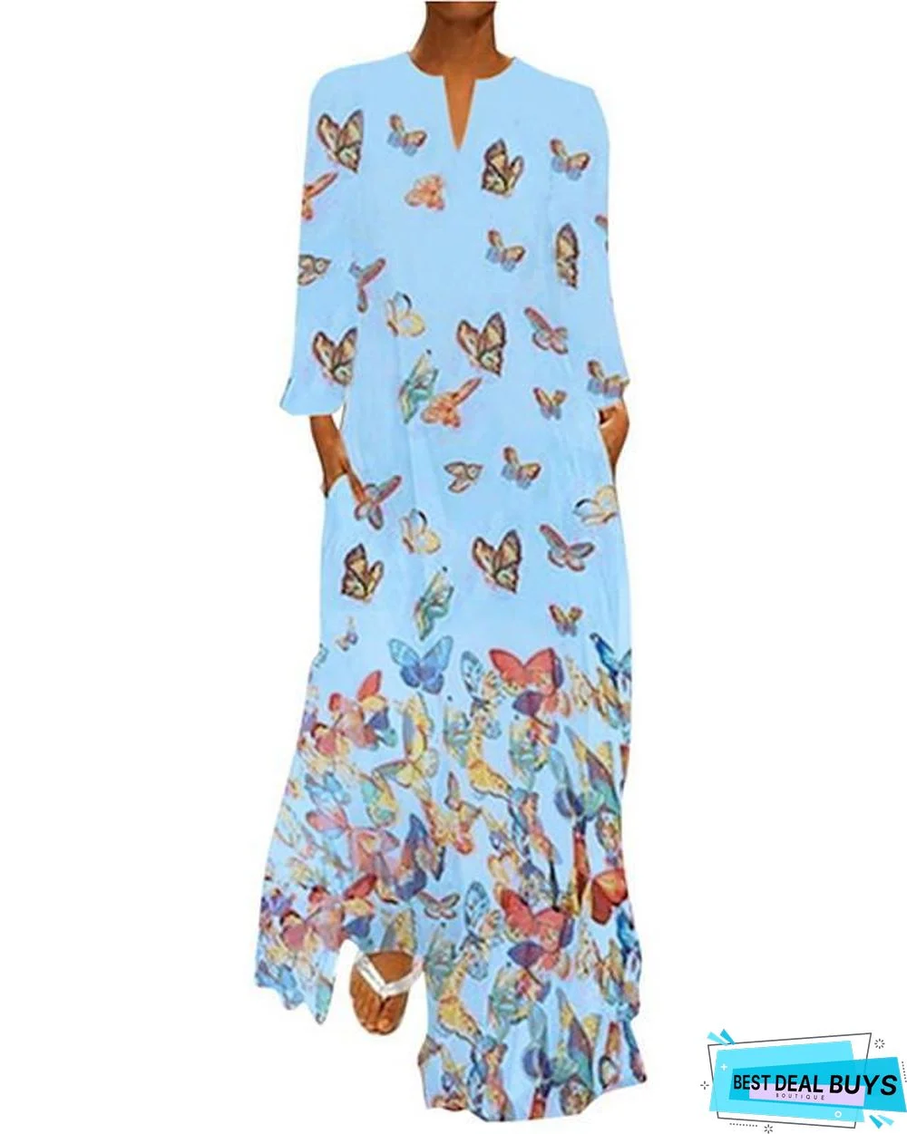 Women's Shift Dress Maxi Long Dress - Long Sleeve Butterfly Spring Fall Hot Loose White Yellow Blushing Pink Light Blue