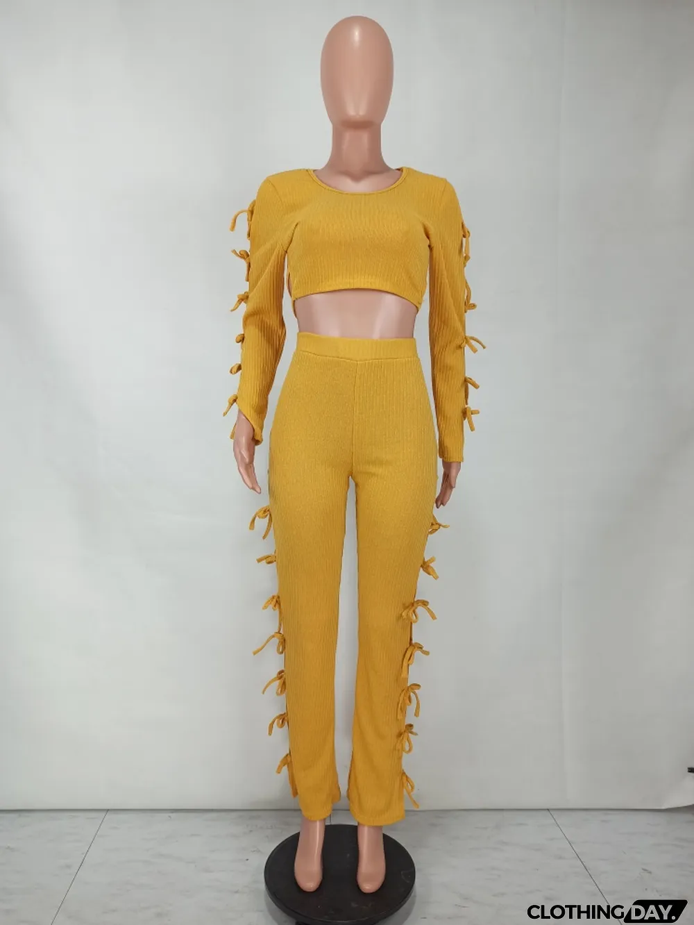 Spring Sexy Ginger Round Neck Hollow Out Backless Long SLeeve Crop Top and Match Pants wholesale Two Piece Sets